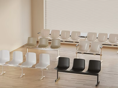 Modern Stackable Chairs in White Gray Black Arranged on Wooden Floor with Window Blinds 3d model