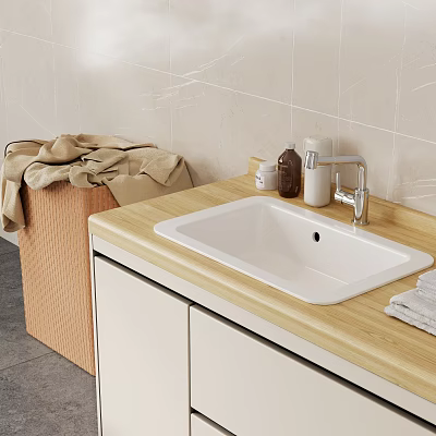 Modern Bathroom Sink With Wooden Countertop White Cabinets Faucet And Towel Basket 3d model
