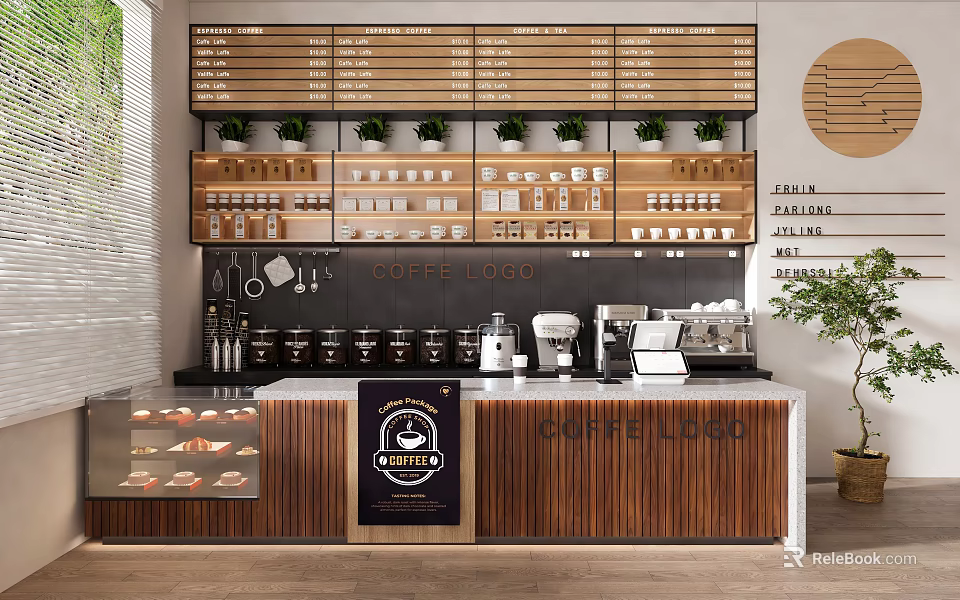 Modern Cafe Interior With Wooden Counter Coffee Machines Pastry Display Menu Boards And Green Plants 3d model 