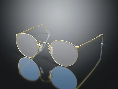Golden Frame Round Clear Lens Glasses With Reflection On Black Background Surface 3d model
