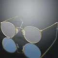 Golden Frame Round Clear Lens Glasses With Reflection On Black Background Surface 3d model