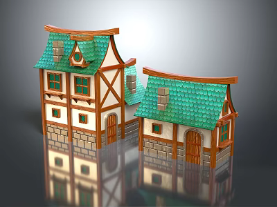 Cartoon Style Whimsical Houses With Green Roofs Brown Frames White Walls Windows Doors And Reflections 3d model