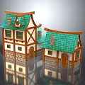 Cartoon Style Whimsical Houses With Green Roofs Brown Frames White Walls Windows Doors And Reflections