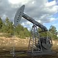 Industrial Oil Pump for Oil Extraction in Open Field With Mountainous Landscape and Blue Sky