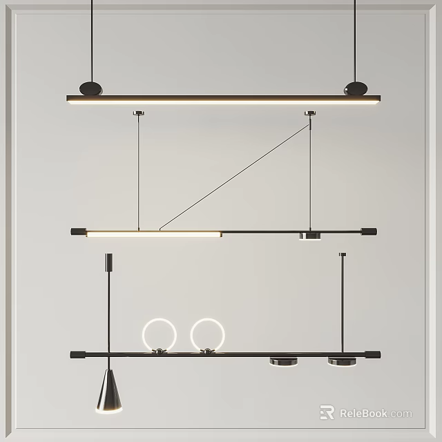 Modern Linear And Circular Pendant Lights With Sleek Metal Frame For Interior Design 3d model