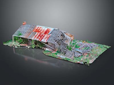 Dilapidated Barn Structure With Rusted Roof Collapsed Sections Surrounded By Overgrown Weeds And Debris 3d model