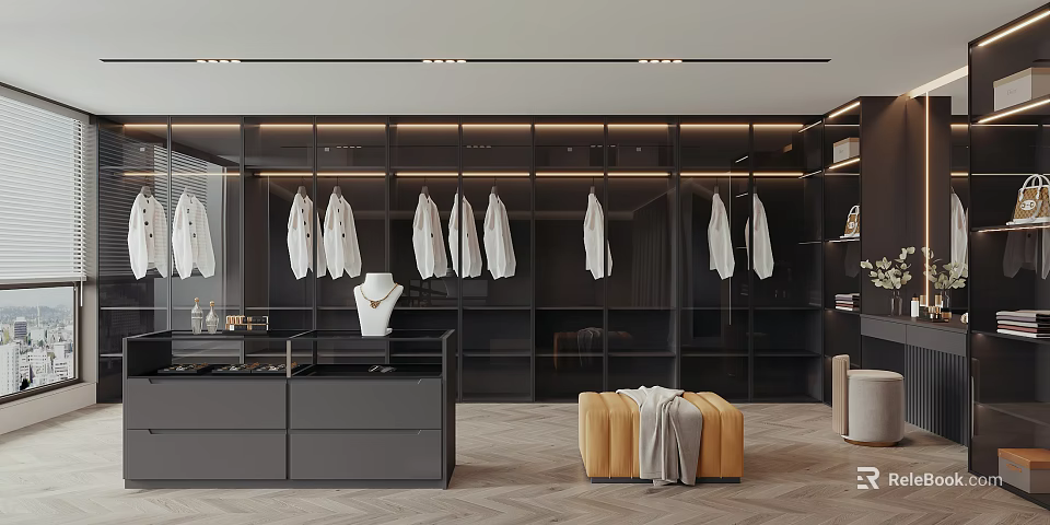 Modern Cloakroom Interior With Black Cabinets White Clothes And Yellow Stool 3d model 
