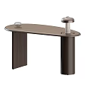 Modern Oval Shaped Dark Brown Wooden Office Desk With Desk Lamp And Beige Rolling Chair