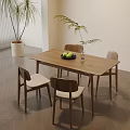 Wooden Dining Table Set With Four Chairs Light Colored Seats Fruit Bowl Vase And Potted Plant