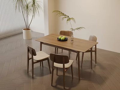 Wooden Dining Table Set With Four Chairs Light Colored Seats Fruit Bowl Vase And Potted Plant 3d model