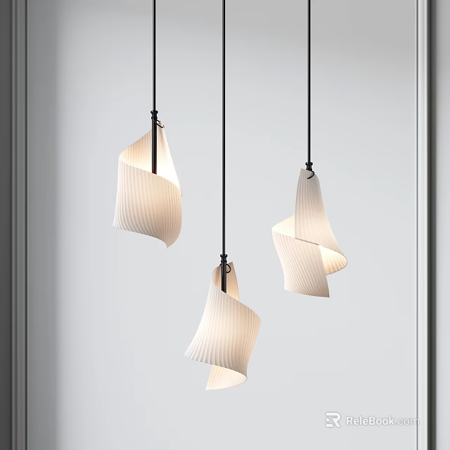Modern Pendant Lights With Unique Curved White Shades Hanging In Interior Space 3d model 