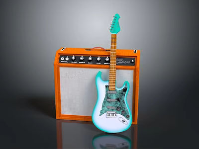 Stylish Light Green Electric Guitar And Orange Amplifier In Modern Home Music Corner 3d model