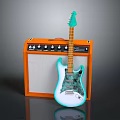 Stylish Light Green Electric Guitar And Orange Amplifier In Modern Home Music Corner