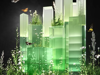 Art Installation Featuring Stacked Green Transparent Cubes With Plants Flowers And Butterflies 3d model