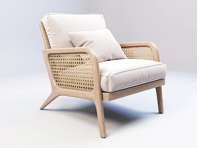 Stylish Armchair With Wooden Frame Woven Armrests And Light Beige Cushion For Minimalist Home 3d model