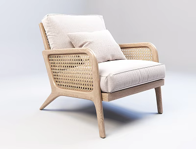 Stylish Armchair With Wooden Frame Woven Armrests And Light Beige Cushion For Minimalist Home 3d model