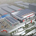 Aerial Planning of Commercial Building Complex With Solar Panel Roofs Parking Areas and Landscaping