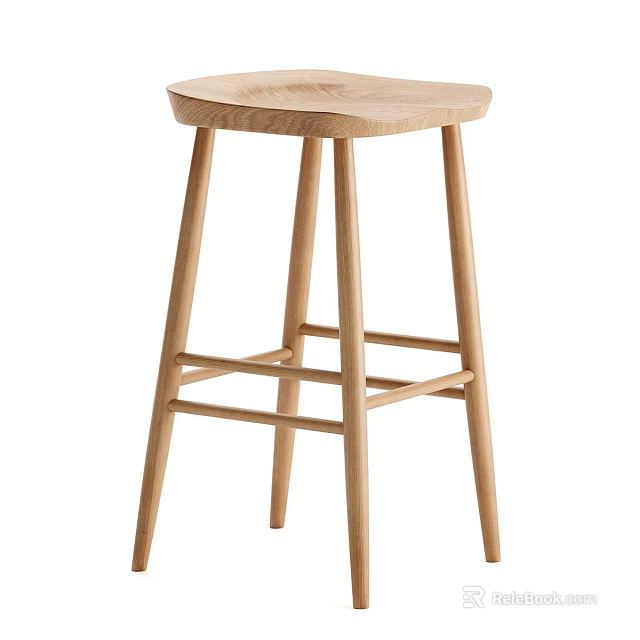 Natural Wood Bar Stool With Simple Design And Solid Wooden Legs 3d model 