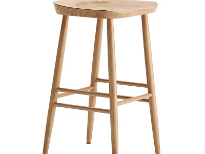 Natural Wood Bar Stool With Simple Design And Solid Wooden Legs 3d model