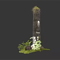 Modern Stone Pillar Display With Stacked Dark Stones And Surrounding Green Plants
