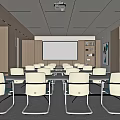 Modern Conference Room With Large Windows Wooden Walls White Chairs And Projection Screen