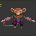 3D Pink Cartoon Monkey Character Model with Purple Outfit and Arms Outstretched