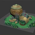 Grass Covered Scene With Intact Pottery Jar Broken Shards And Green Elements 3d model