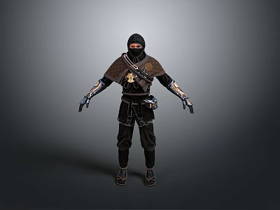 A Man In Black Ninja Costume With Brown Cloak Mask And Armor 3d model