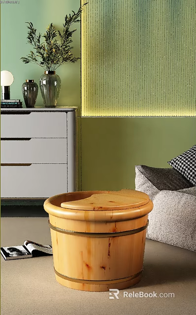 Decorative Ornament Combination With White Drawer Chest Vases Green Wall Sofa And Wooden Barrel Decor 3d model 