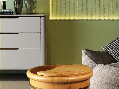 Decorative Ornament Combination With White Drawer Chest Vases Green Wall Sofa And Wooden Barrel Decor 3d model