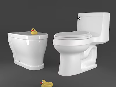 Two White Toilets With Rubber Duck on Top and Another on Floor 3d model