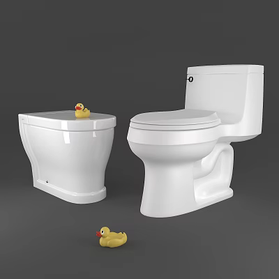 Two White Toilets With Rubber Duck on Top and Another on Floor 3d model