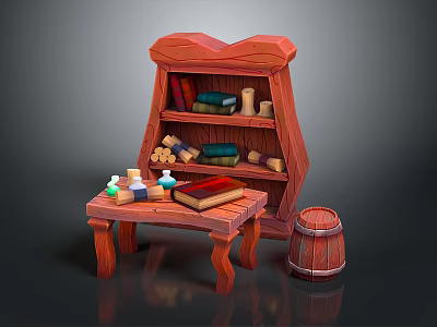 Wooden Functional Desk Featuring Bookshelf With Books Scrolls Candles And Barrel 3d model