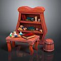 Wooden Functional Desk Featuring Bookshelf With Books Scrolls Candles And Barrel