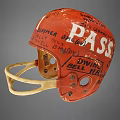 Vintage Red Football Helmet With Handwritten PASS And Text Details