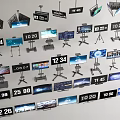 Various Style Televisions on Stands Featuring Time Displays and Different Screen Contents 3d model