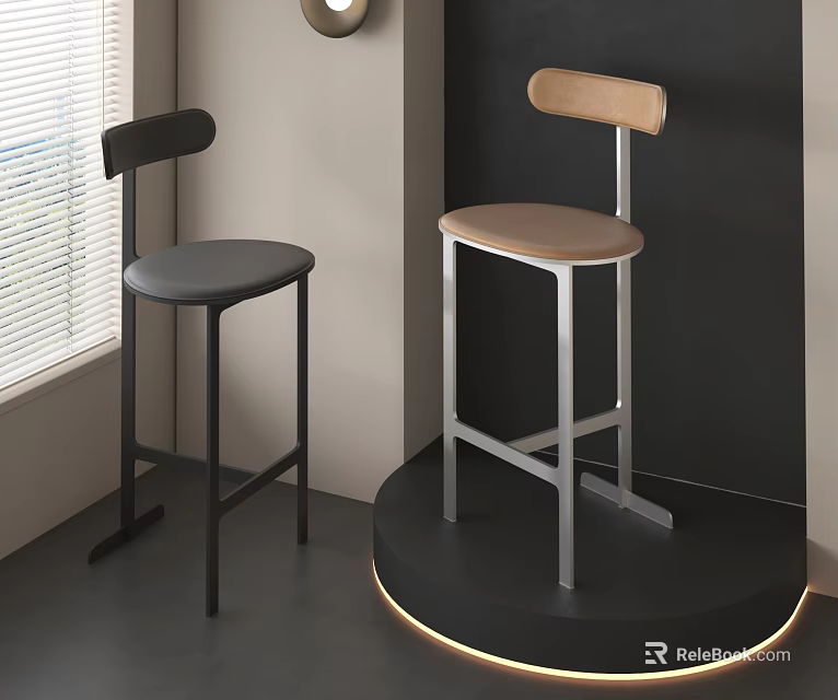 Modern Bar Stools With Black Metal Frame And Brown Wooden Backrest On Illuminated Display Platform 3d model 