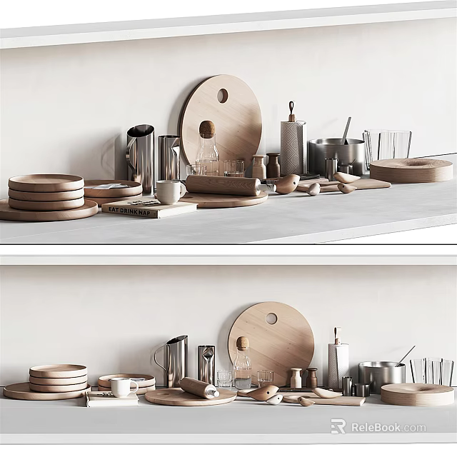 Stylish Kitchenware Collection With Wooden Plates Metal Containers And Cups On Countertop 3d model 