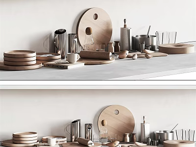 Stylish Kitchenware Collection With Wooden Plates Metal Containers And Cups On Countertop 3d model