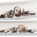 Stylish Kitchenware Collection With Wooden Plates Metal Containers And Cups On Countertop