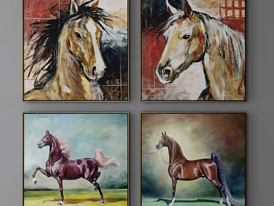 Colorful Horse Animal Paintings On Canvas With Various Poses And Artistic Backgrounds 3d model