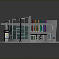 Modern Building With Glass Curtain Wall Colorful Stripes Platform Street Lamp And Information Board