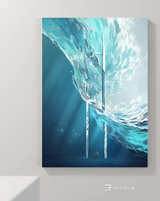 Blue Waves Landscape Painting With Two Pillars And Two Figures At Bottom 3d model