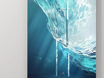 Blue Waves Landscape Painting With Two Pillars And Two Figures At Bottom 3d model