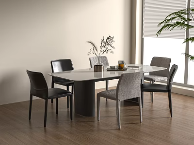 Modern Dining Table with Chairs Decorative Vase Ornaments in Bright Room Wooden Floor and Plant 3d model