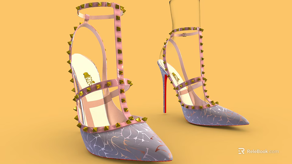 Stylish High Heels With Crisscross Studded Straps Cracked Pattern And Red Heels 3d model 
