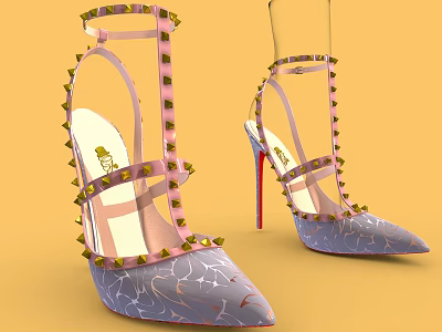 Stylish High Heels With Crisscross Studded Straps Cracked Pattern And Red Heels 3d model