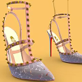 Stylish High Heels With Crisscross Studded Straps Cracked Pattern And Red Heels