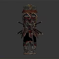 Ornate Samurai Armor With Red And Gold Decoration Front Back Views Holding Weapons