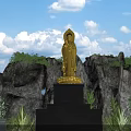 Golden Guanyin Sculpture with Rocky Background Blue Sky and Green Plants
